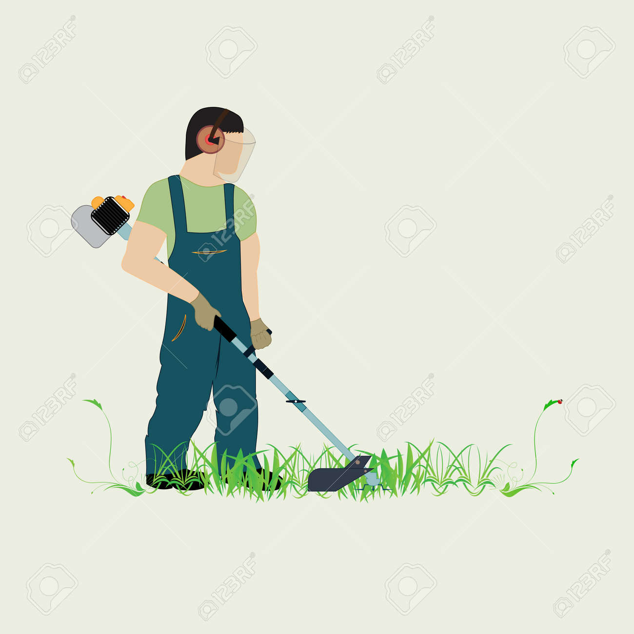 A man with a trimmer cuts grass on a white background. A man in overalls cuts grass with a trimmer. Worker cutting grass in garden with the weed trimmer. - 102004566 A man with a trimmer cuts grass on a white background. A man in overalls cuts grass with a trimmer. Worker cutting grass in garden with the weed trimmer. - 102004566