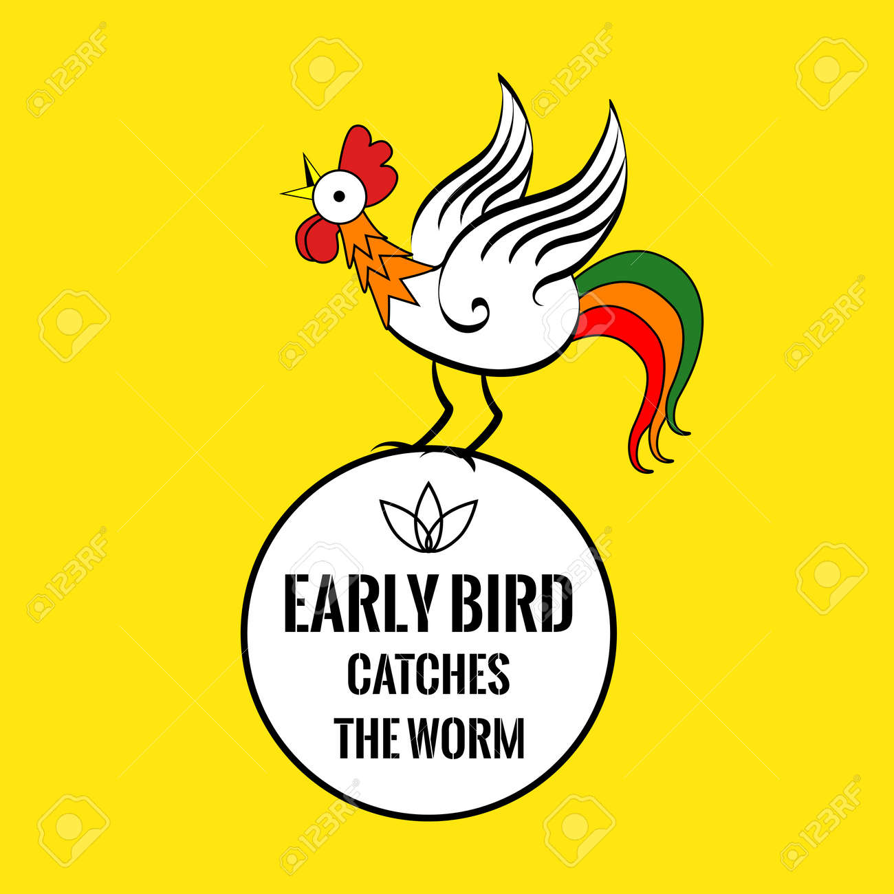 コックと動機付けの引用 早い鳥はみみずをつかまえます 黄色の背景 のイラスト素材 ベクタ Image