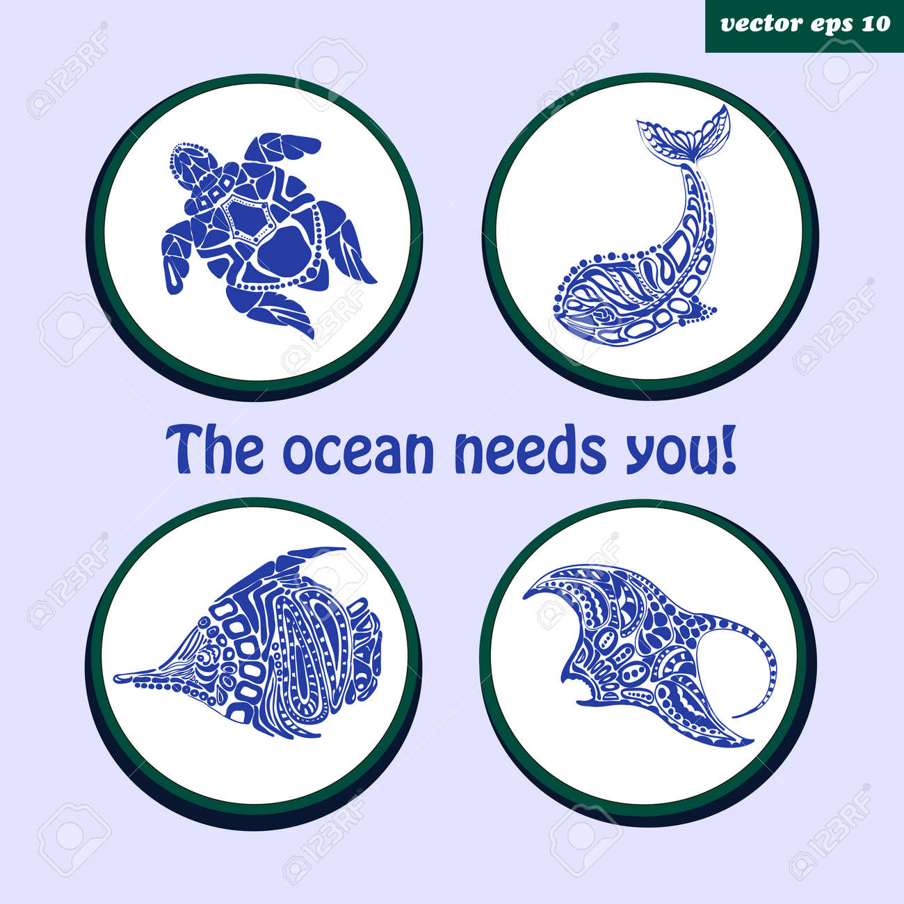 円の中の海の生き物のロゴのセットです カメ 魚 クジラ マンタ 手 Drawnt イラスト あなたのデザイン ロゴ プリント ステッカー 装飾の要素 の イラスト素材 ベクタ Image