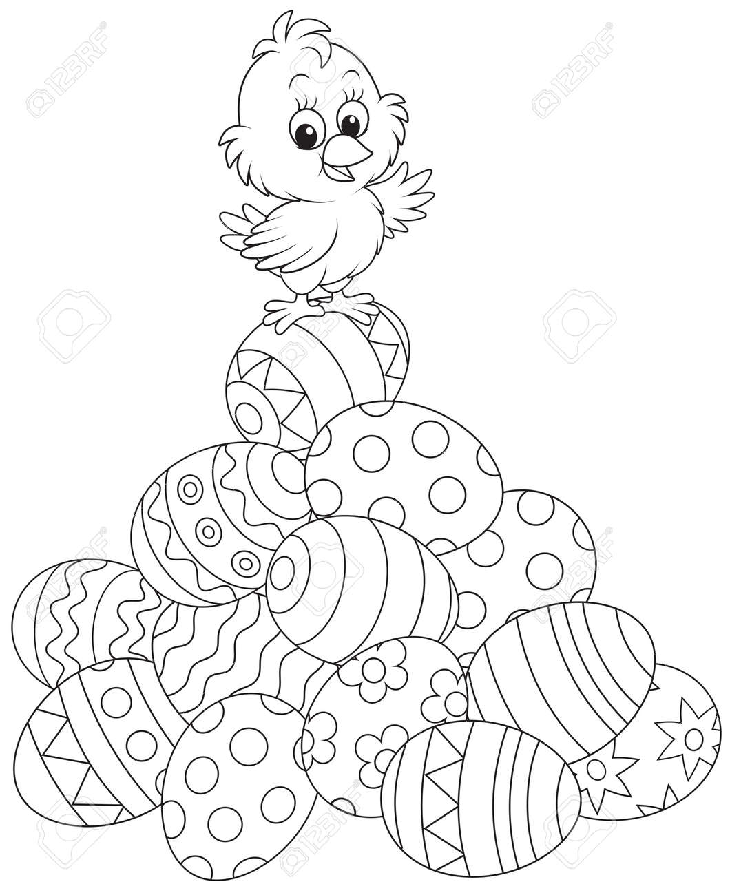 Easter Chick on top of a pile of painted eggs - 25998085 Easter Chick on top of a pile of painted eggs - 25998085