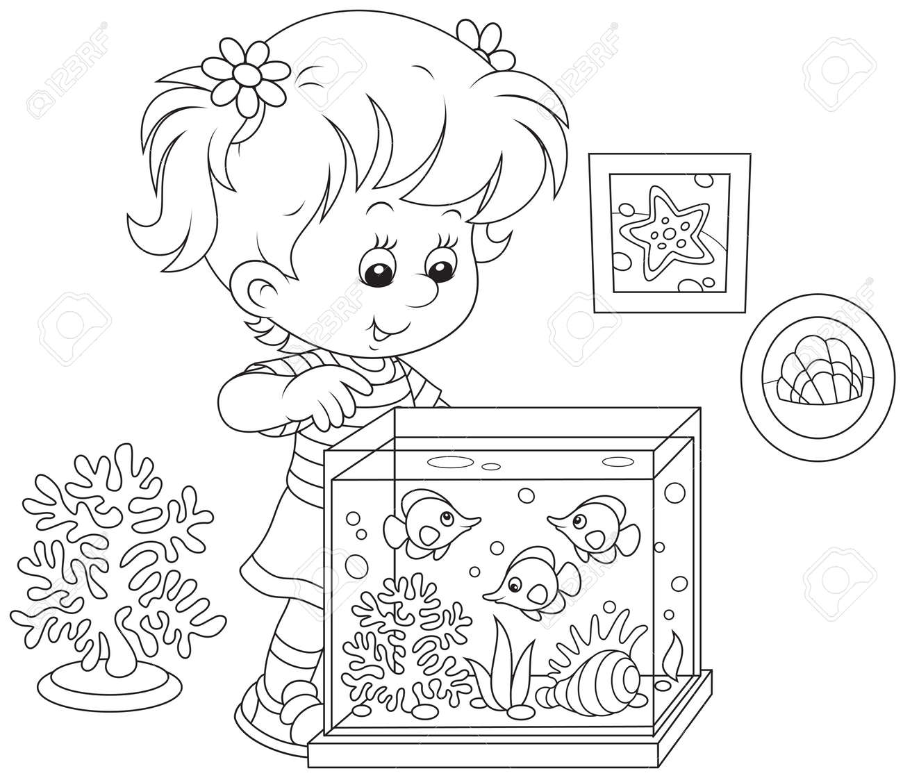 水族館の魚を見て女の子のイラスト素材 ベクタ Image