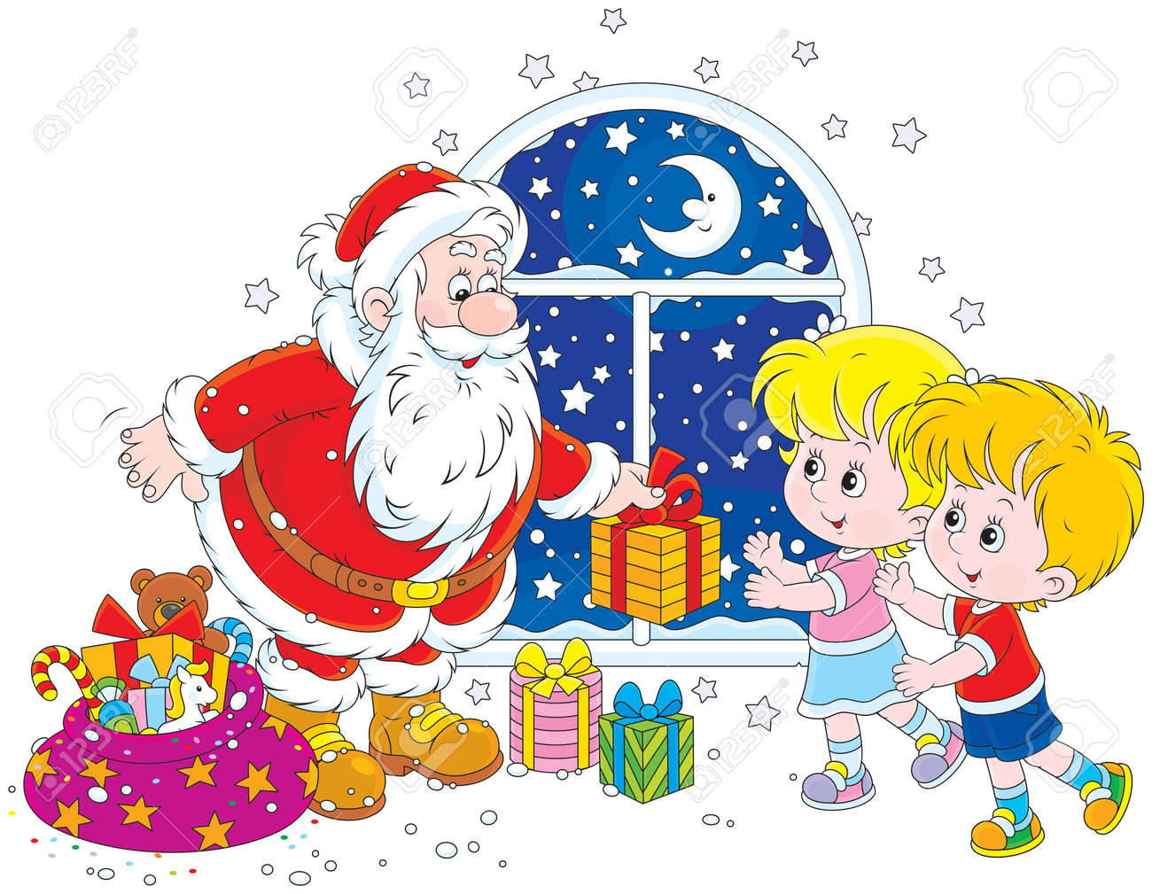 Santa Claus Giving Christmas Gifts To Children Stock Vector