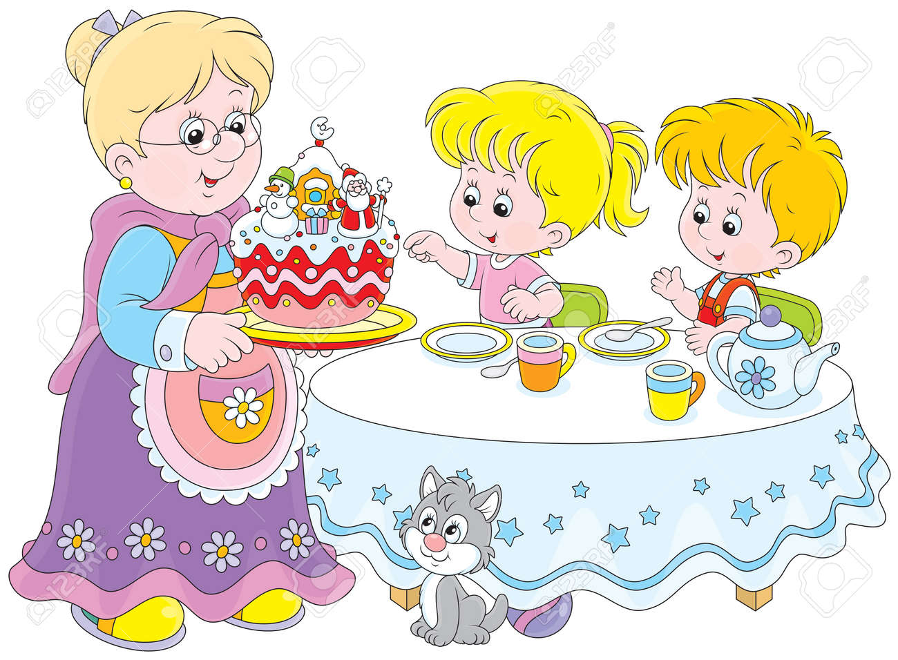 Mamie Et Petits Enfants Avec Un Gateau De Noel Clip Art Libres De Droits Vecteurs Et Illustration Image