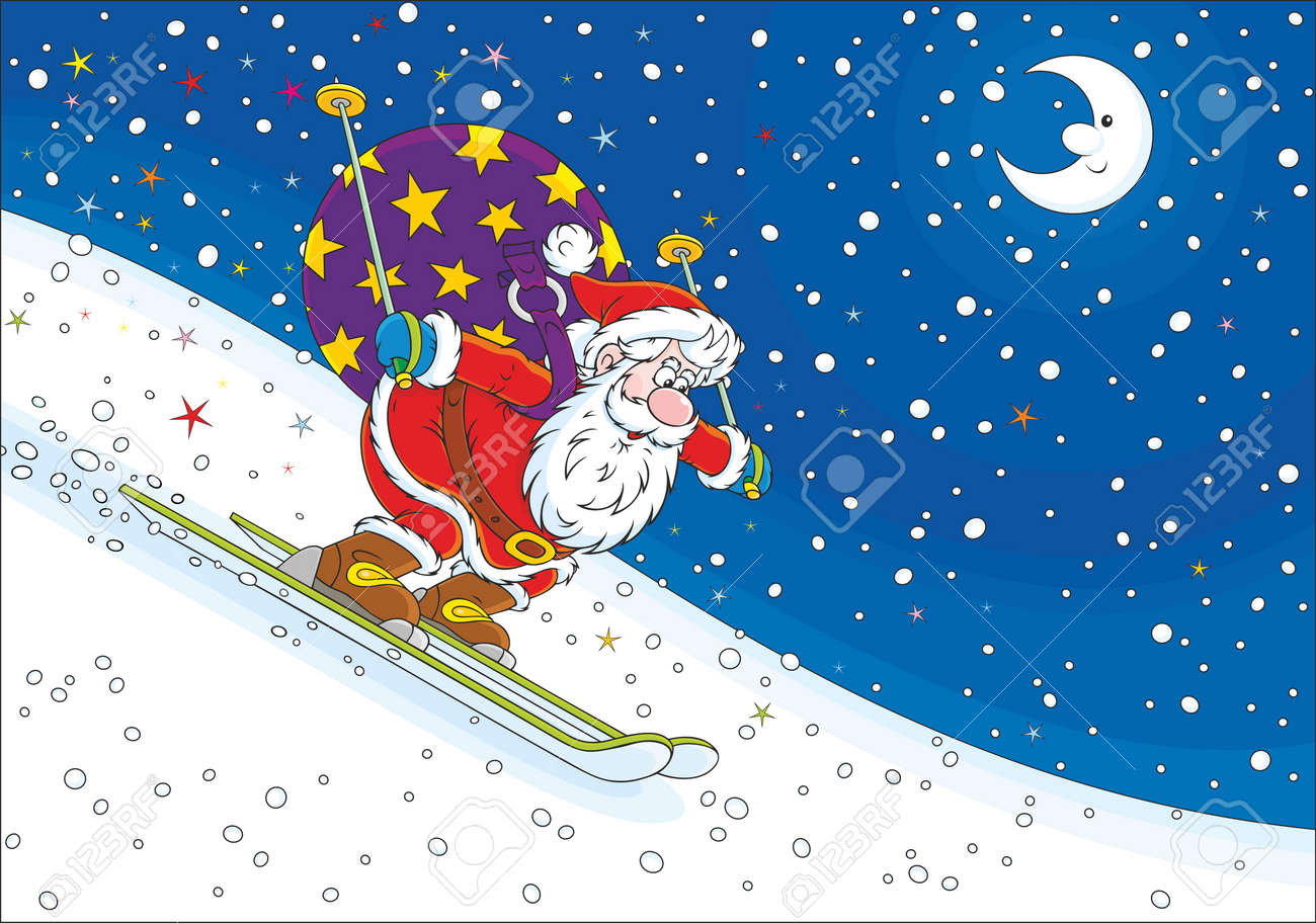 Immagini Prima Di Natale.Vettoriale La Notte Prima Di Natale Babbo Natale Sciare Giu Per La Collina Di Neve Con Il Suo Grande Sacco Di Regali Per I Bambini Image 48325481