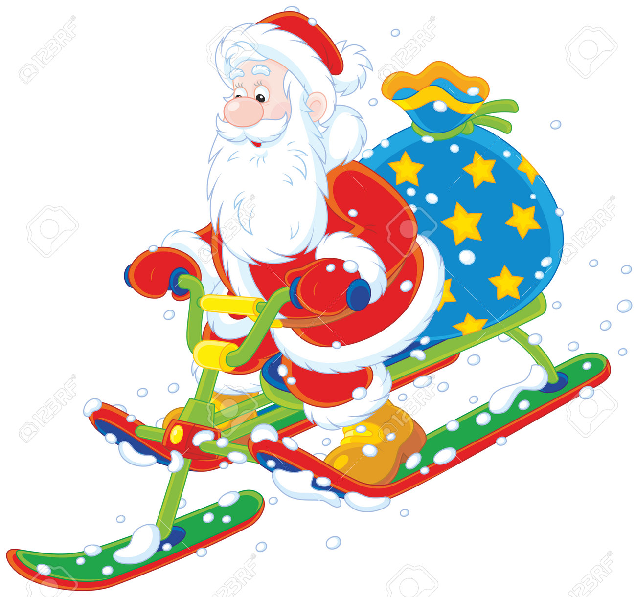 Sacco Per Regali Di Natale.Vettoriale Babbo Natale Con Il Suo Sacco Di Regali Di Natale Scivolare Giu Per La Collina Di Neve Su Una Neve Scooter Image 65787669
