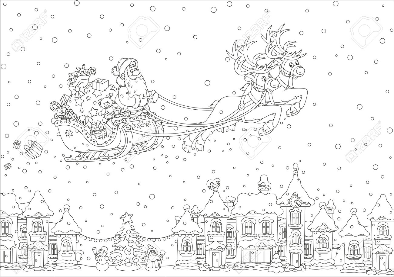 Magic Reindeer Flying Santa Claus With Christmas Gifts Over A