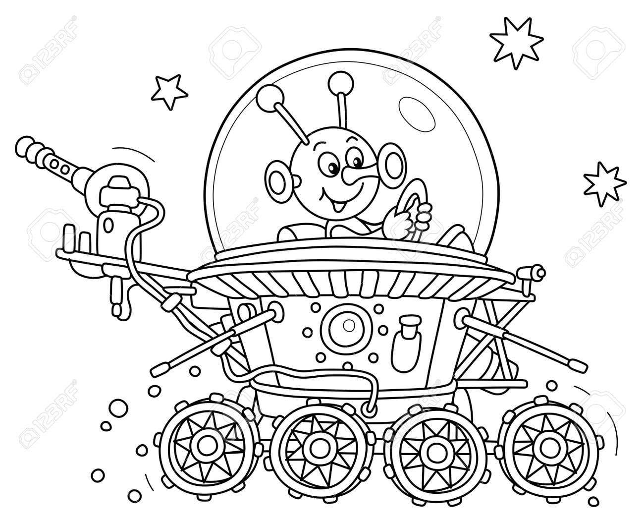 Funny Small Alien Friendly Smiling And Piloting A Lunar Rover Somewhere  Beyond The Planet Earth, Vector Cartoon Illustration On A White Background  Royalty Free SVG, Cliparts, Vectors, and Stock Illustration. Image  144756790., image size:1300x1057