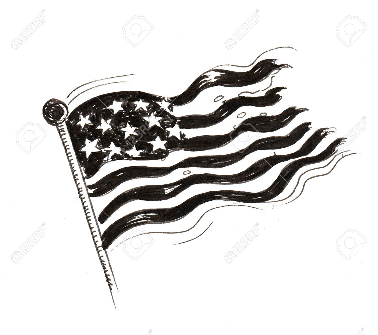 American Flag On The Wind. Ink Black And White Drawing Stock Photo, Picture  and Royalty Free Image. Image 137409358., image size:1300x1152
