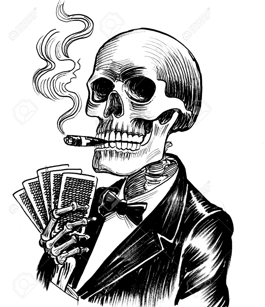Human Skeleton In Suit With Smoking Cigar Playing Poker. Ink Black And  White Drawing Stock Photo, Picture and Royalty Free Image. Image 192739472., image size:1123x1300