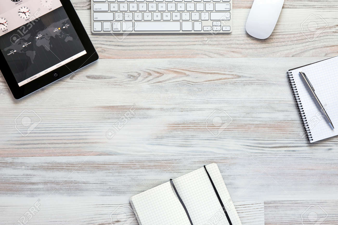 Blank office desk background with copy space for your text. Top view. Business and office supplies with modern digital tablet. - 44197104 Blank office desk background with copy space for your text. Top view. Business and office supplies with modern digital tablet. - 44197104