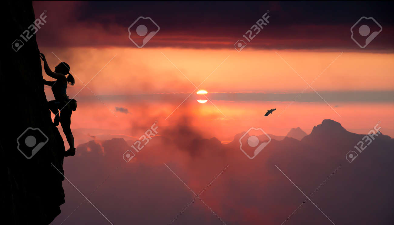 Female rock climber and mountain sunset Silhouette of elegant female extreme climber surrounded by alpine landscape bright red sunset - 44259251 Female rock climber and mountain sunset Silhouette of elegant female extreme climber surrounded by alpine landscape bright red sunset - 44259251