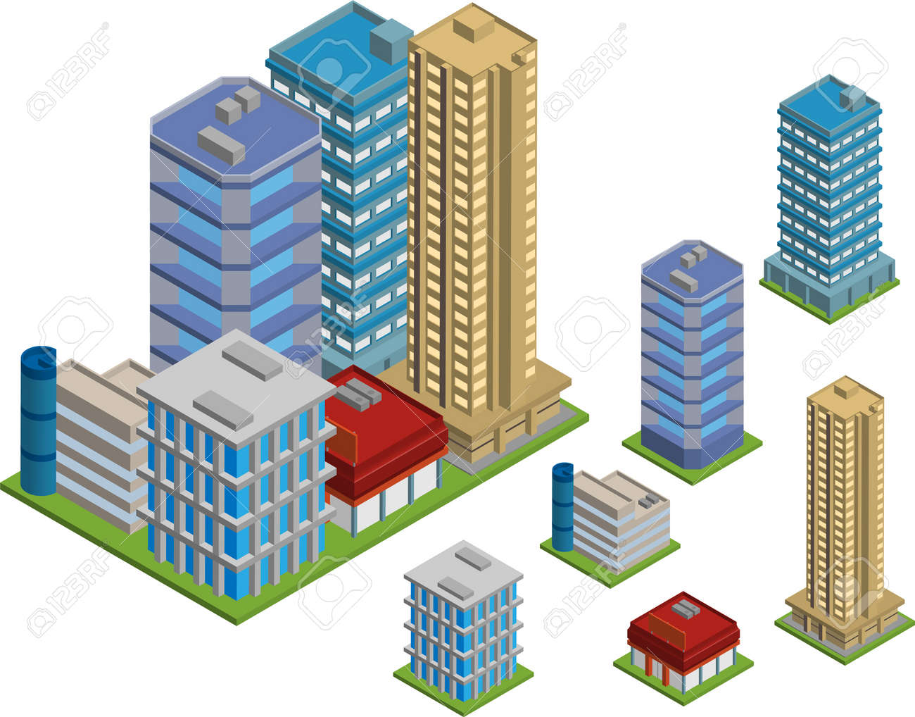 Vector pack of various isometric buildings with tiled elements, ready to use for city building game - 16240844 Vector pack of various isometric buildings with tiled elements, ready to use for city building game - 16240844