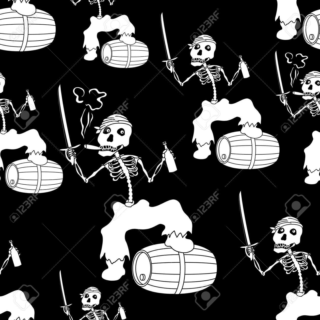 Nahtlose Tapete Karikatur Boser Zombie Pirat Jolly Roger Skelett Mit Einem Schwert Einer Flasche Wein Und Fass Weisse Schattenbilder Lokalisiert Auf Schwarzem Hintergrund Vektor Lizenzfrei Nutzbare Vektorgrafiken Clip Arts Illustrationen Image