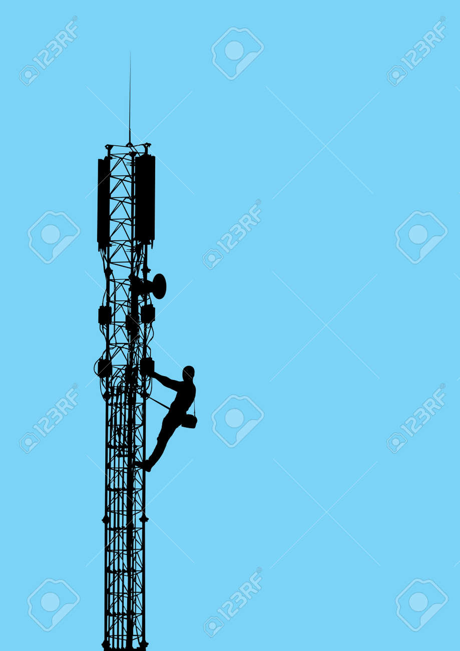Silhouette of worker climbing on mobile telecommunication tower against blue sky Vector EPS10 - 29174275 Silhouette of worker climbing on mobile telecommunication tower against blue sky Vector EPS10 - 29174275