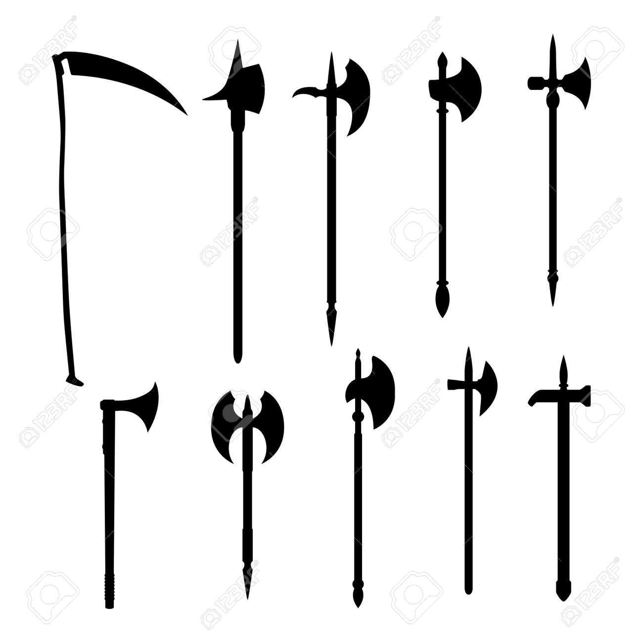 Medieval vector weapons set: battleaxe dark silhouette isolated on white background. - 144265925 Medieval vector weapons set: battleaxe dark silhouette isolated on white background. - 144265925