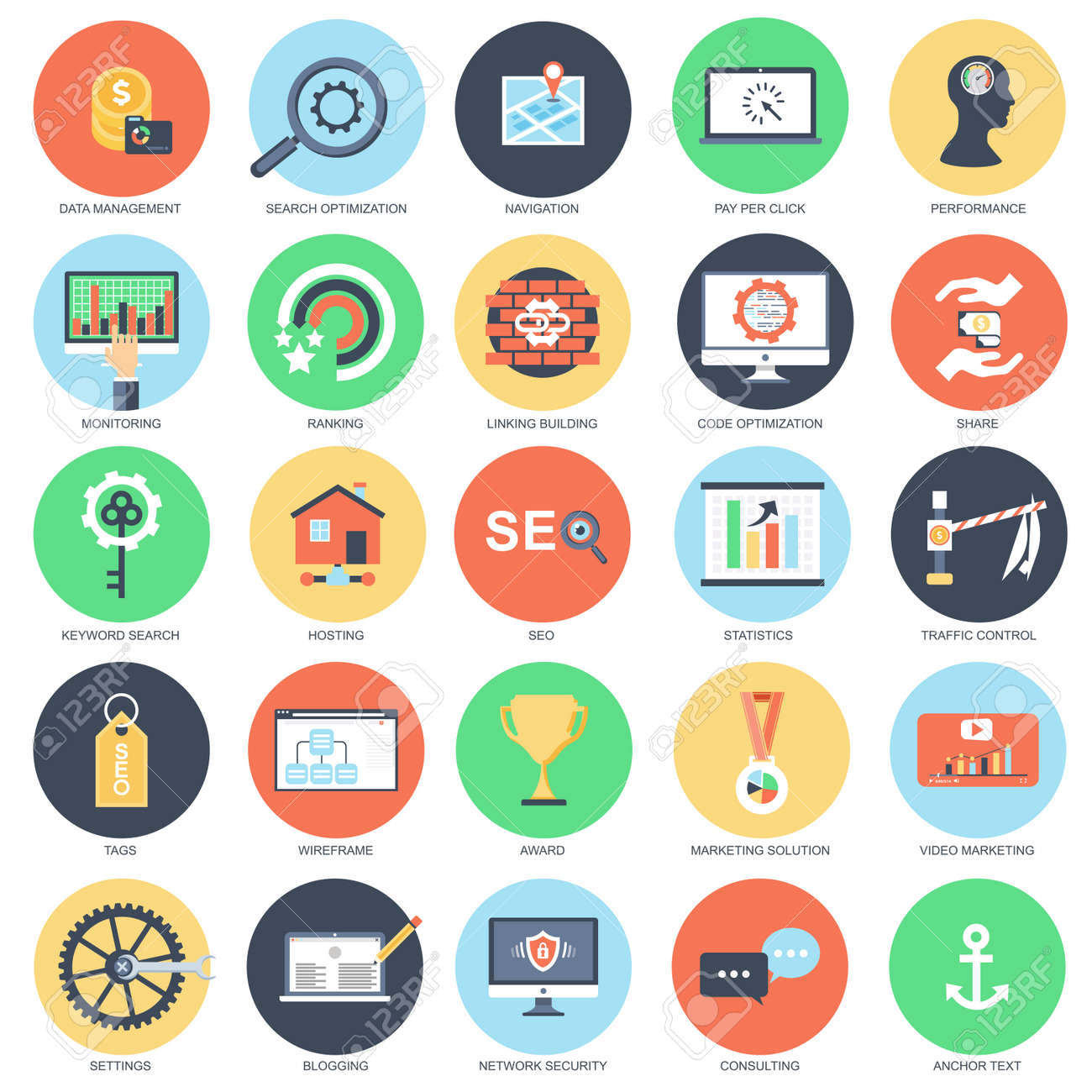 flat conceptual icon set of search engine optimization tools