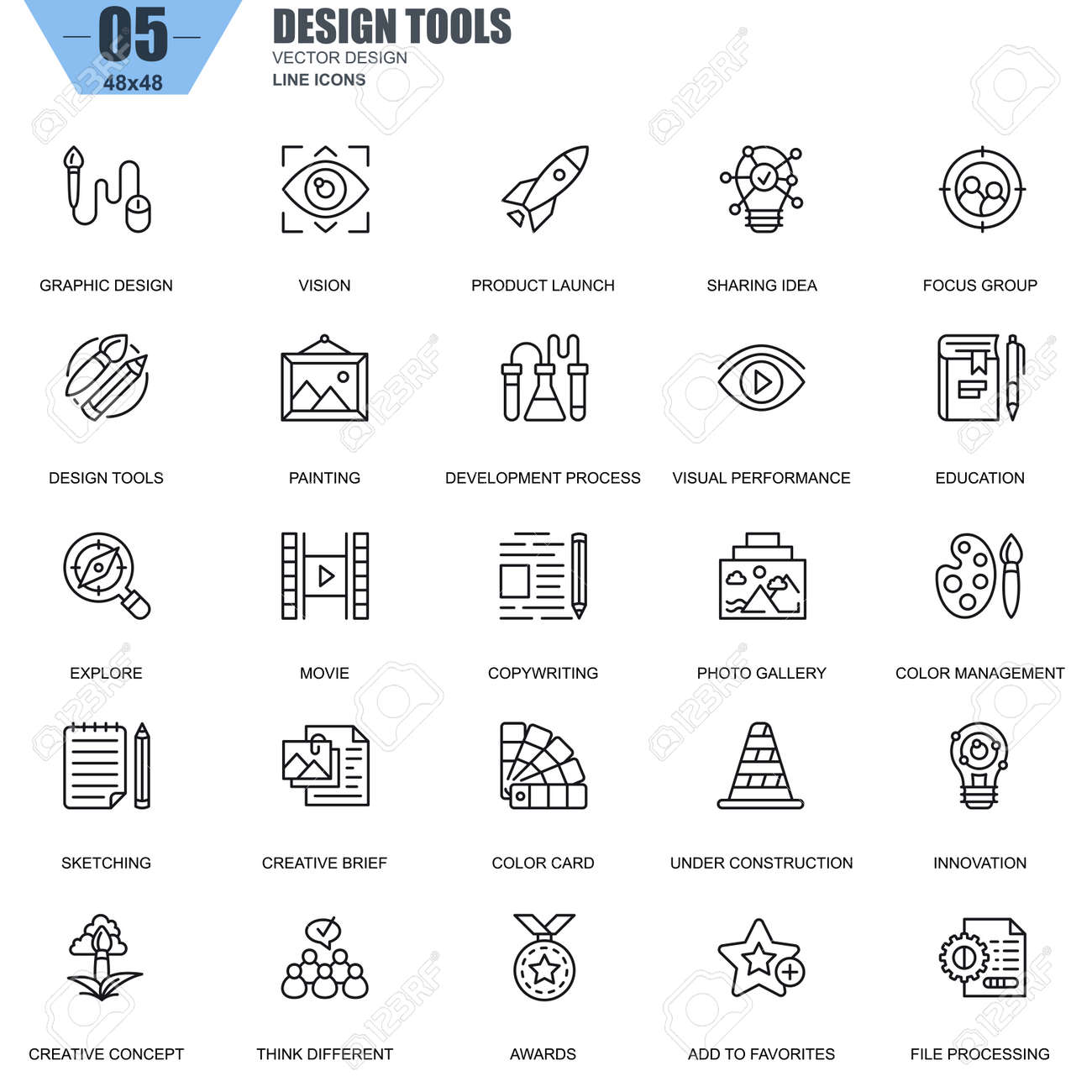細線設計ツール アートやメディアのアイコンは ウェブサイトやモバイルサイトやアプリのために設定します イノベーション ビジョン 絵画などのアイコンが含まれています 48x48 ピクセルパーフェクト 編集可能なストローク ベクターイラスト のイラスト素材