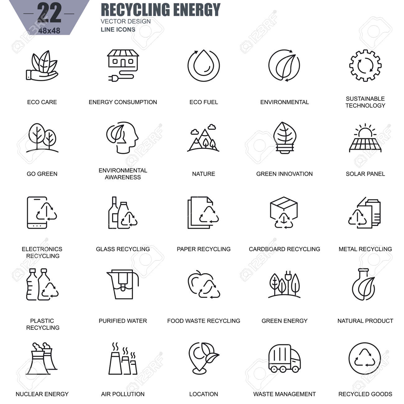 細線リサイクル 環境保護 エコケアのアイコンは ウェブサイトやモバイルサイトのアプリのために設定します エコ イノベーションなどのアイコンが含まれています 48x48 ピクセルパーフェクト 編集可能なストローク ベクターイラスト のイラスト素材 ベクタ