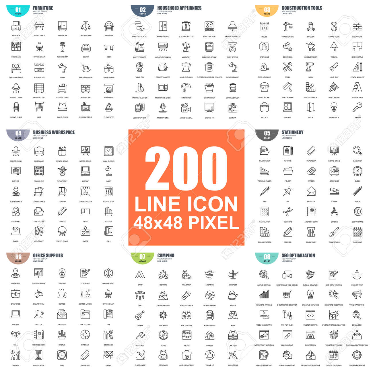 Simple set of vector thin line icons. Contains such Icons as Furniture, Household Appliance, Construction Tools, Stationery, Seo, Camping, Office Supplies. Linear pictogram pack. 48x48 Pixel Perfect. - 102980916 Simple set of vector thin line icons. Contains such Icons as Furniture, Household Appliance, Construction Tools, Stationery, Seo, Camping, Office Supplies. Linear pictogram pack. 48x48 Pixel Perfect. - 102980916