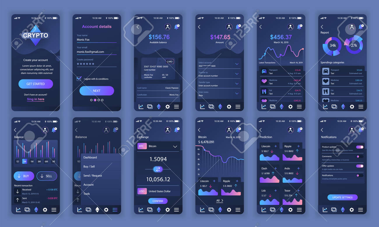 UI, UX, GUI 세트는 모바일 앱용 Cryptocurrency 앱 플랫 디자인 템플릿, 반응형 웹 사이트 와이어프레임을  표시합니다. 로열티 무료 사진, 그림, 이미지 그리고 스톡포토그래피. Image 120764710