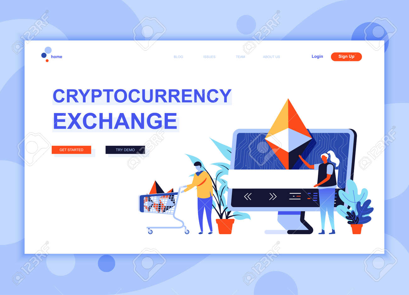 Modern Flat Web Page Design Template Concept Of Cryptocurrency Exchange  Decorated People Character For Website And Mobile Website Development. Flat  Landing Page Template. Vector Illustration. Royalty Free SVG, Cliparts,  Vectors, and Stock