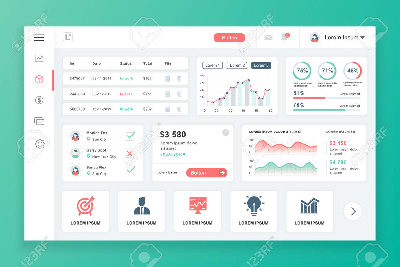 인포 그래픽 요소, 차트, 다이어그램, 정보 그래픽이 있는 대시보드 관리 패널 벡터 디자인 템플릿. Ui 및 Ux 디자인 웹 페이지용 웹  사이트 대시보드. 벡터 일러스트 레이 션. 로열티 무료 사진, 그림, 이미지