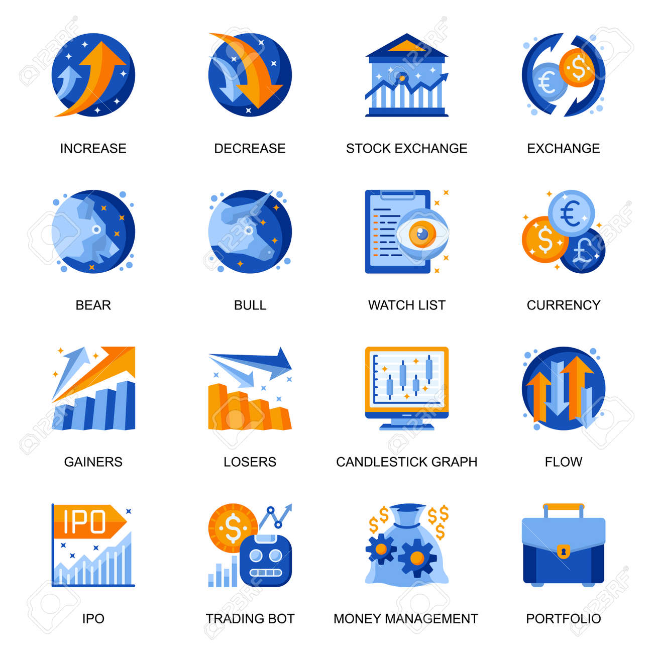 Stock Trading Icons Set In Flat Style Bear And Bull Market Royalty Free Cliparts Vectors And Stock Illustration Image 144648374