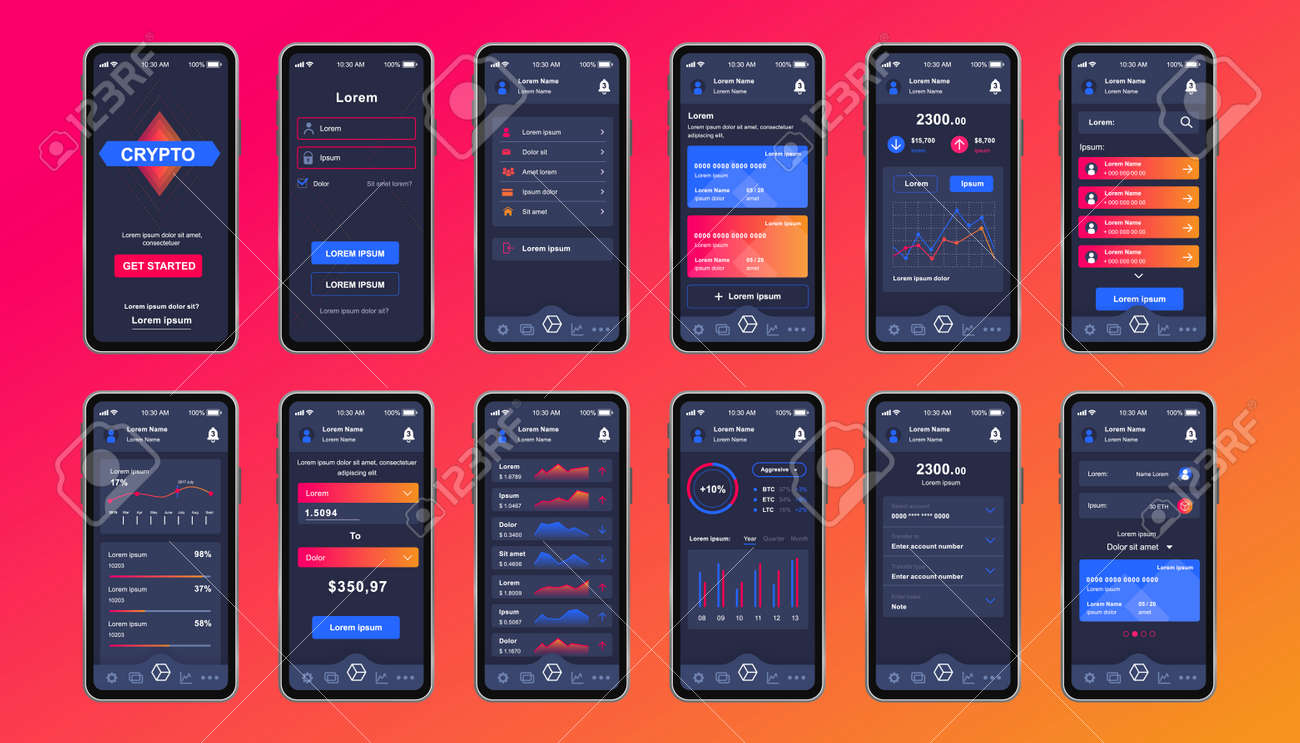 모바일 앱을 위한 암호화폐 고유의 디자인 키트. 재무 그래프, 회계 및 투자가 있는 Bitcoin 마이닝 화면. 암호화폐 플랫폼 UI,  UX 템플릿. 반응형 모바일 애플리케이션을 위한 GUI 로열티 무료 사진, 그림, 이미지 그리고
