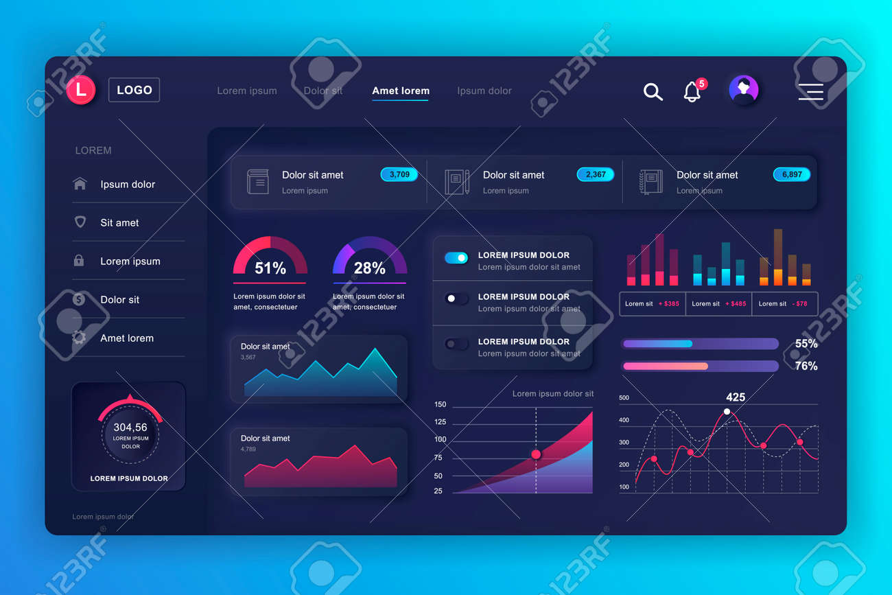 뉴모픽 대시보드 UI 키트. 인포 그래픽 요소, HUD 다이어그램, 정보 그래픽이 있는 관리자 패널 벡터 디자인 템플릿. UI 및 UX  디자인 웹 페이지용 웹 사이트 대시보드. 뉴모피즘 스타일. 로열티 무료 사진, 그림,