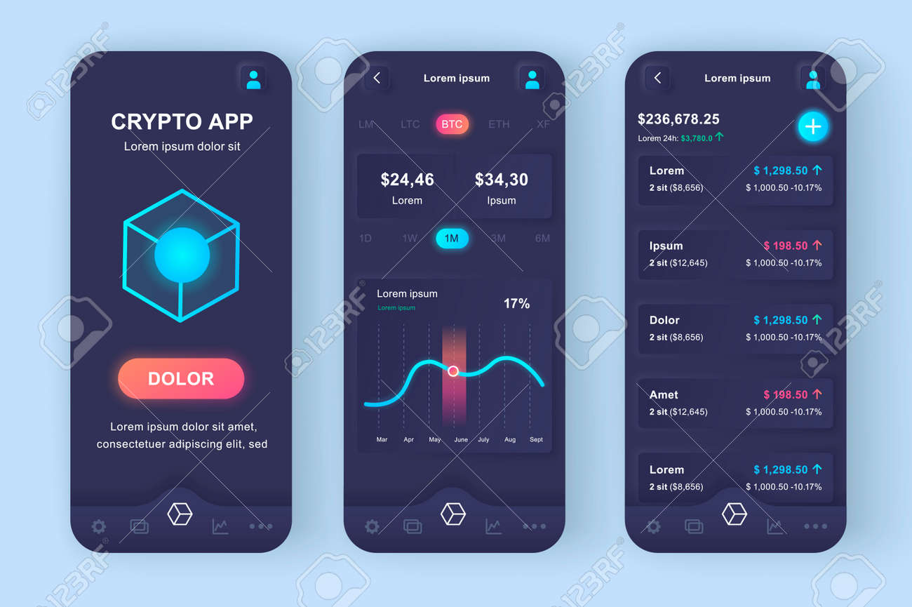 暗号通貨取引のユニークなネオモーフィックデザインキット。デジタルウォレット、オンライン暗号通貨株取引および交換。  UIUXテンプレートセット。レスポンシブモバイルアプリのGUIのベクトル図。のイラスト素材・ベクター Image 163016053