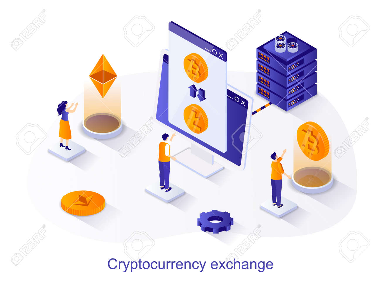 Cryptocurrency Exchange Isometric Web Concept. People Making Crypto Trade  Transactions. Crypto Business, Bitcoin Coin Exchange Commerce Scene. Vector  Illustration For Website Template In 3d Design Royalty Free SVG, Cliparts,  Vectors, and Stock
