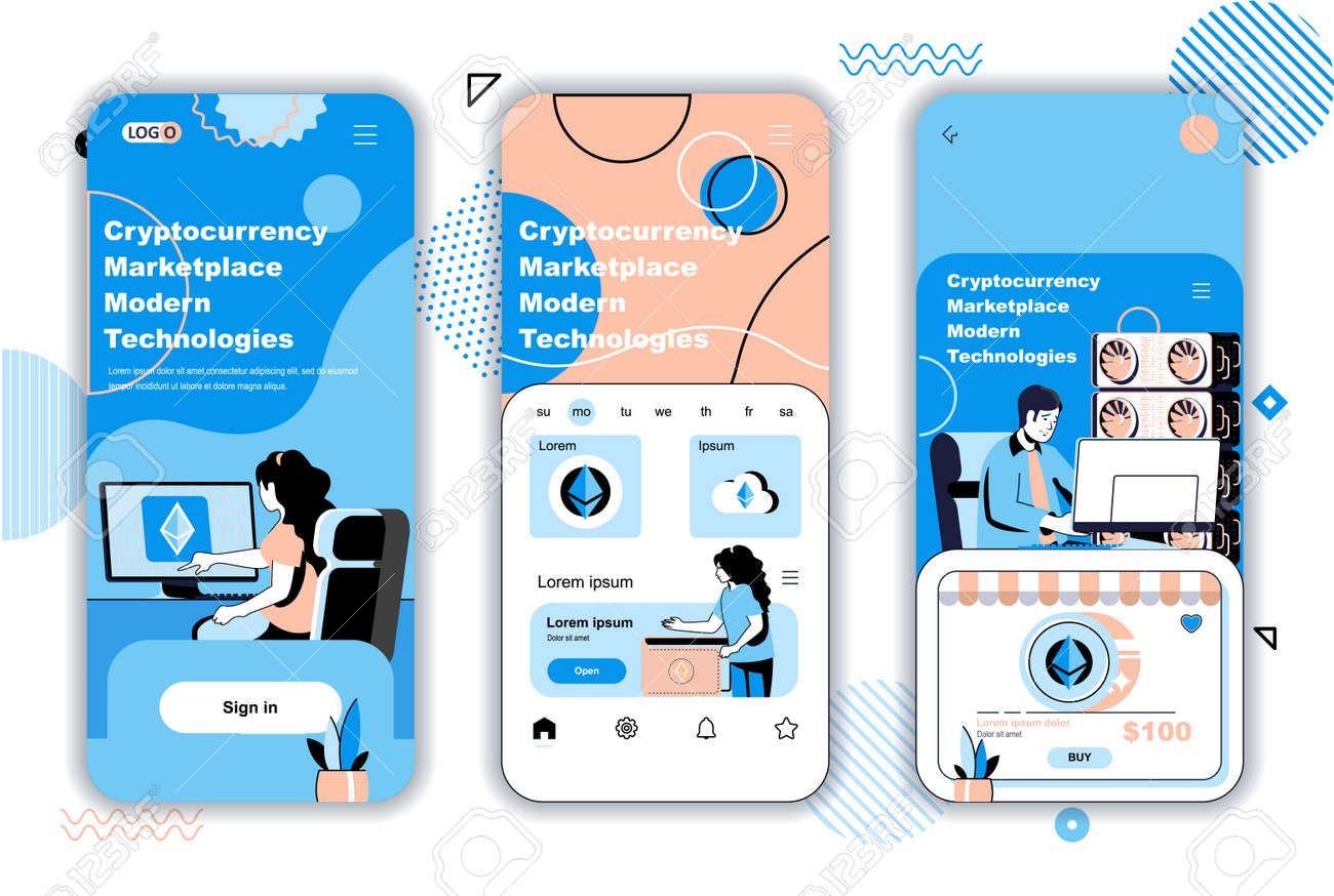 모바일 앱 템플릿용 암호 화폐 시장 개념 온보딩 화면. 블록체인, 비트코인 채굴장. Ui, Ux, Gui 사용자 인터페이스 키트(웹  디자인용 사용자 장면 포함) 벡터 일러스트 레이 션 로열티 무료 사진, 그림, 이미지 그리고