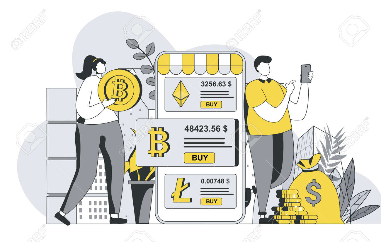 Cryptocurrency Marketplace Concept With Outline People Scene. Man And A  Woman Invest In Bitcoin, Buy And Sell Digital Money On Crypto Exchange.  Vector Illustration In Flat Line Design For Web Template Royalty