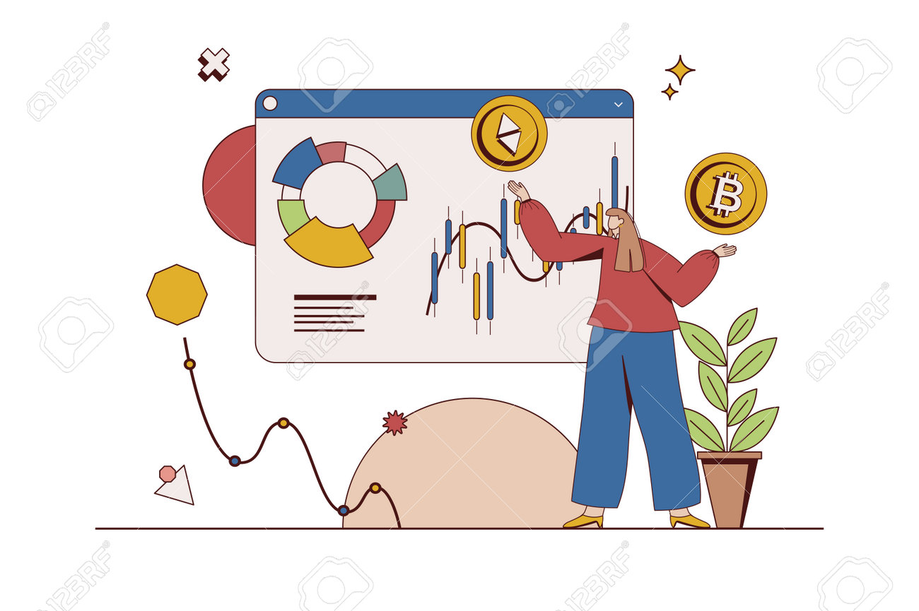 플랫 디자인의 캐릭터 상황을 갖춘 암호화폐 시장 개념입니다. 여성은 다양한 온라인 거래소의 데이터를 분석하고 암호화폐 지갑을  관리합니다. 웹용 사람들 장면이 있는 벡터 그림 로열티 무료 사진, 그림, 이미지 그리고 스톡포토그래피. Image 204064962