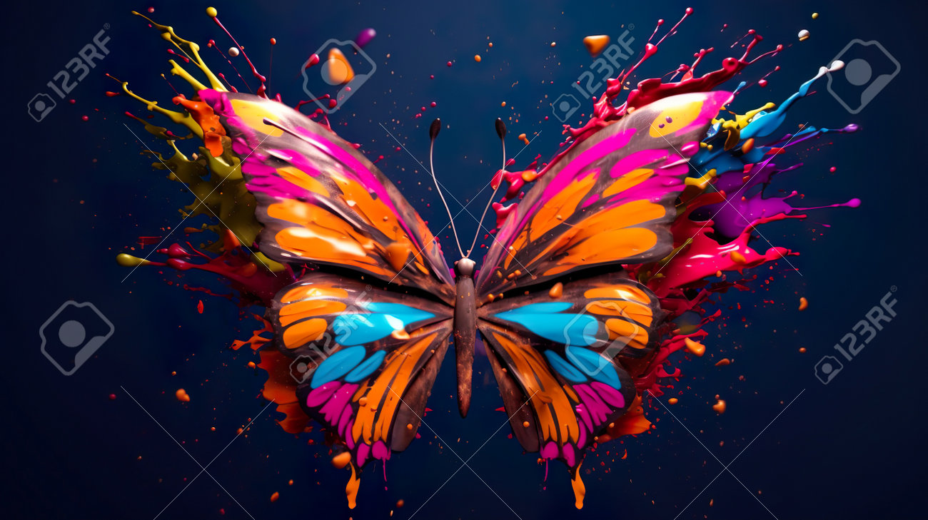 抽象的な背景にカラフルな蝶と水彩の爆発と飛んでいる滴。アクリル