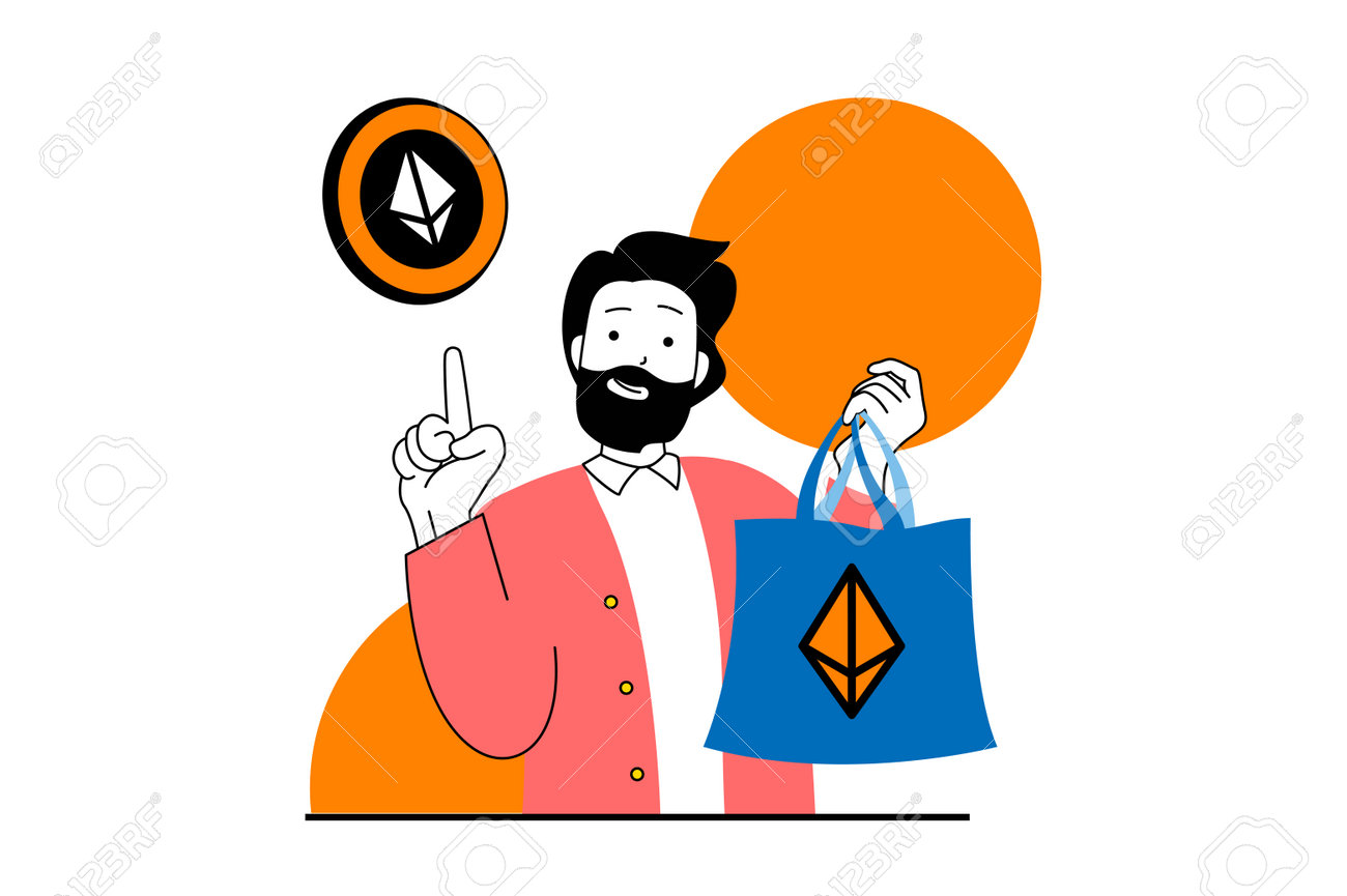 플랫 웹 디자인의 사람들과 함께하는 암호화폐 마켓플레이스 개념 남자는 금융 거래를 하고 소셜 미디어 배너 마케팅 자료에 대한 벡터  일러스트레이션을 계정하기 위해 비트코인을 구입합니다 로열티 무료 사진, 그림, 이미지 그리고 스톡포토그래피. Image
