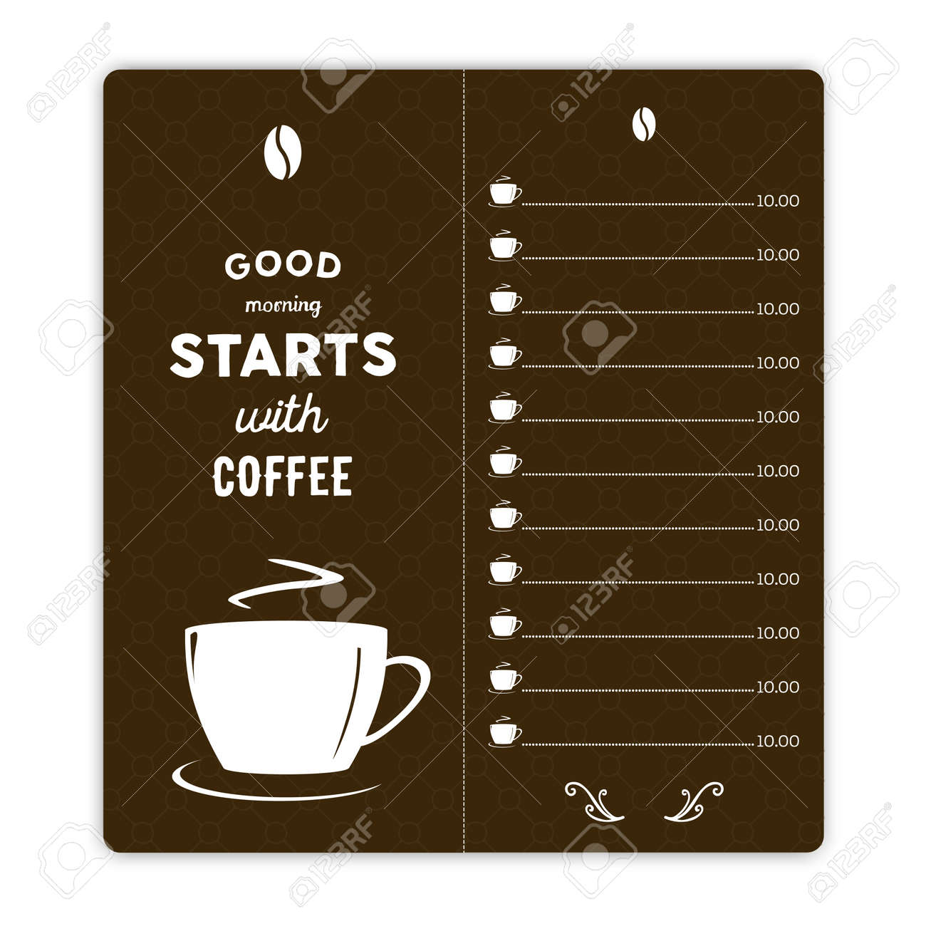 Carte De Cafe Avec Tasse De Cafe Sur Fond Brun Et Ecrit A La Main Citation Bonjour Commence Avec Le Cafe Clip Art Libres De Droits Svg Vecteurs Et Illustration Image