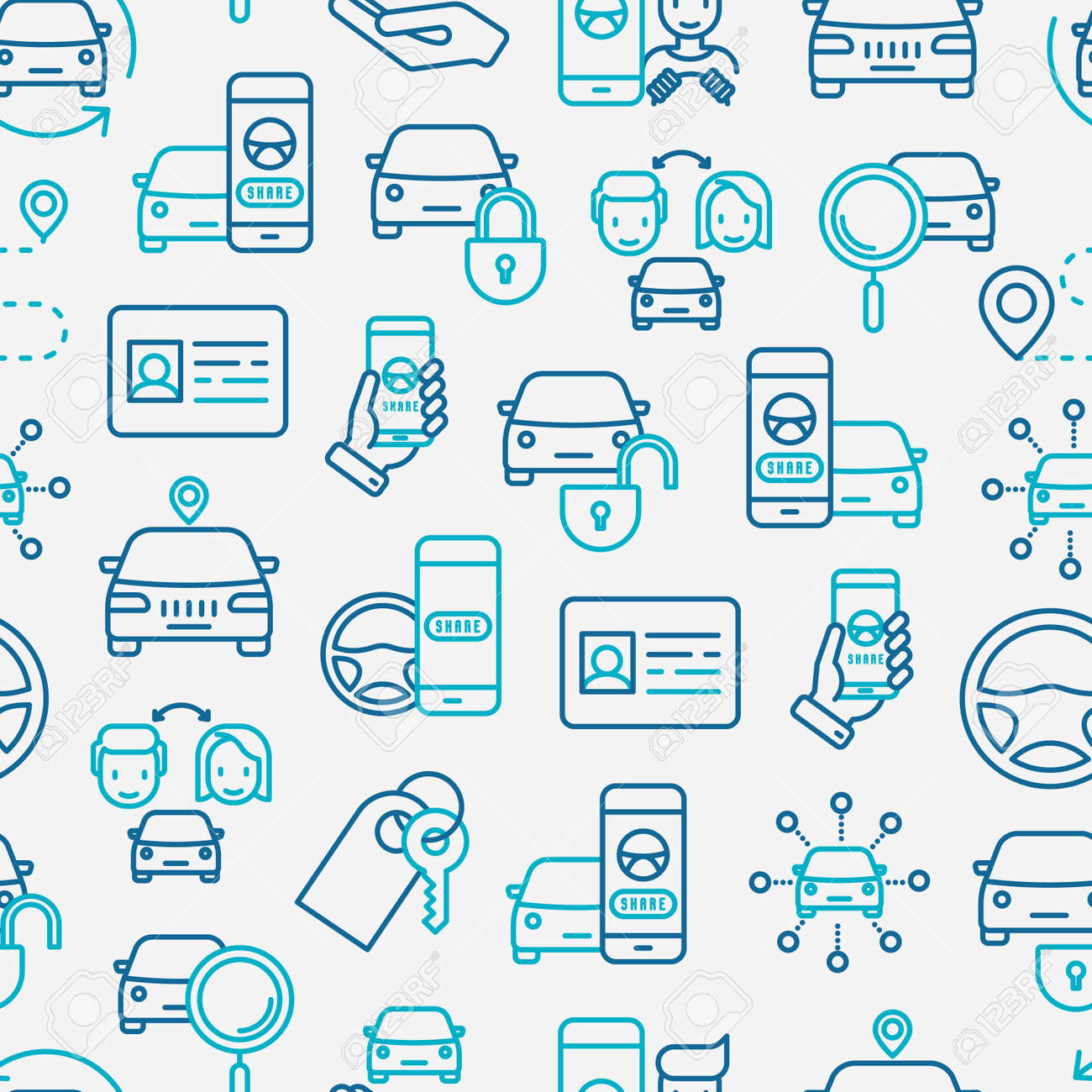 車の共有は 運転免許証 キー ブロックされた車 ポインタ 利用可能な バナー ウェブページ 印刷メディアのための車のベクトルのイラストの検索 利用可能な細い線のアイコンとシームレスなパターン のイラスト素材 ベクタ Image
