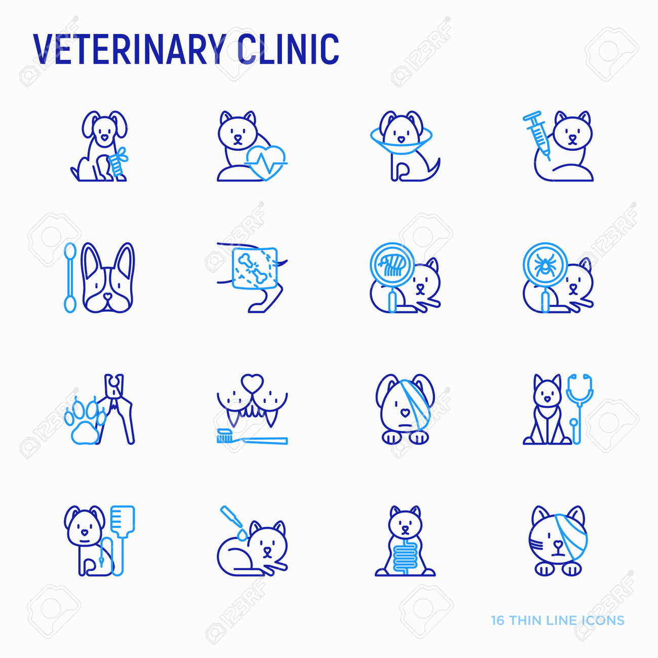 Veterinary clinic thin line icons set: broken leg, protective collar, injection, cardiology, cleaning of ears, teeth, shearing claws, bandage on eye, blood transfusion for dog. Vector illustration. - 112364942 Veterinary clinic thin line icons set: broken leg, protective collar, injection, cardiology, cleaning of ears, teeth, shearing claws, bandage on eye, blood transfusion for dog. Vector illustration. - 112364942