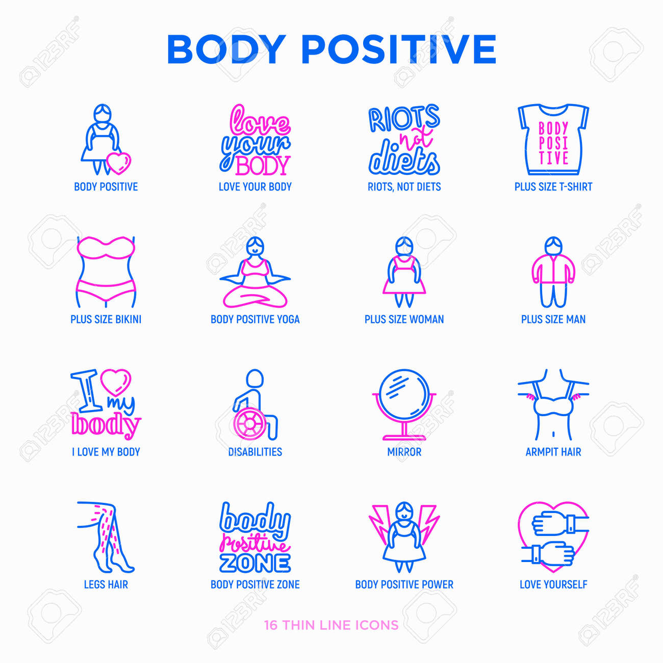 Body Positive Thin Line Icons Set: Woman Plus Size, Yoga, Bikini, Armpit Hair, Legs Hair, Mirror, Disability. Stickers With Quotes. Modern Vector Illustration. Royalty Free Cliparts, Vectors, And Stock Illustration. Image 136256446.