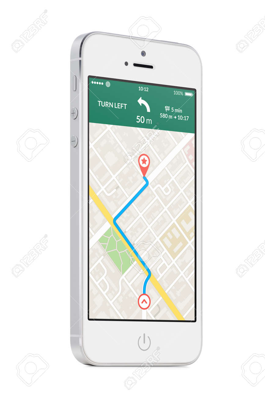 ボトムアップ ビューの白い背景で隔離の画面上の計画ルートの地図 Gps ナビゲーション アプリでのわずかな角度の白い現代携帯電話スマート フォンで回転します 高品質 の写真素材 画像素材 Image