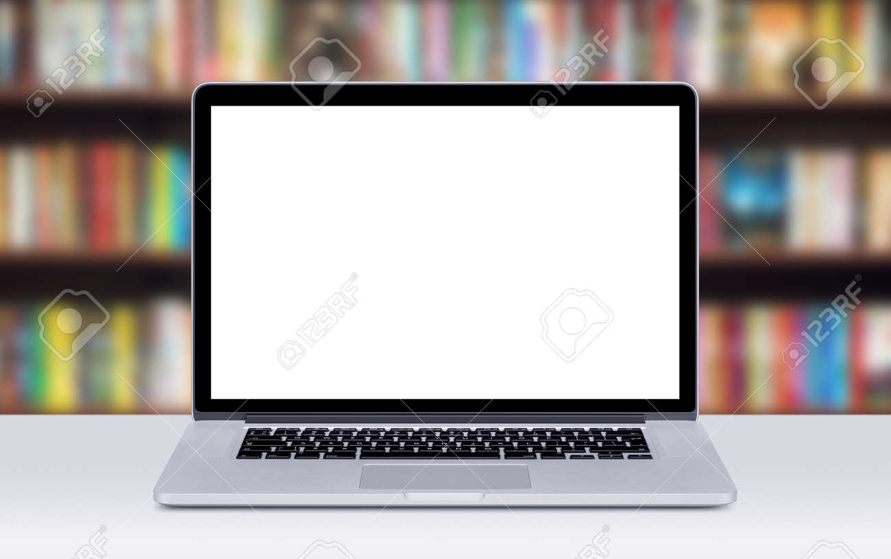 front view of modern laptop mockup with white blank screen on