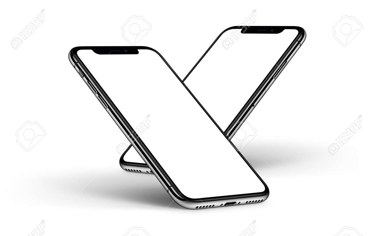 スマートフォンは白い画面で反対側の後ろに1つをモックアップ の写真素材 画像素材 Image