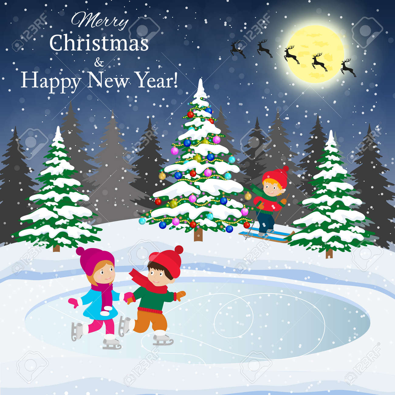 新年あけましておめでとうございます メリー クリスマス クリスマス ツリーのカード デザインを景色します スケートの子供の冬景色 子供男の子と女の子冬のアイス スケート場に ベクトル図のイラスト素材 ベクタ Image