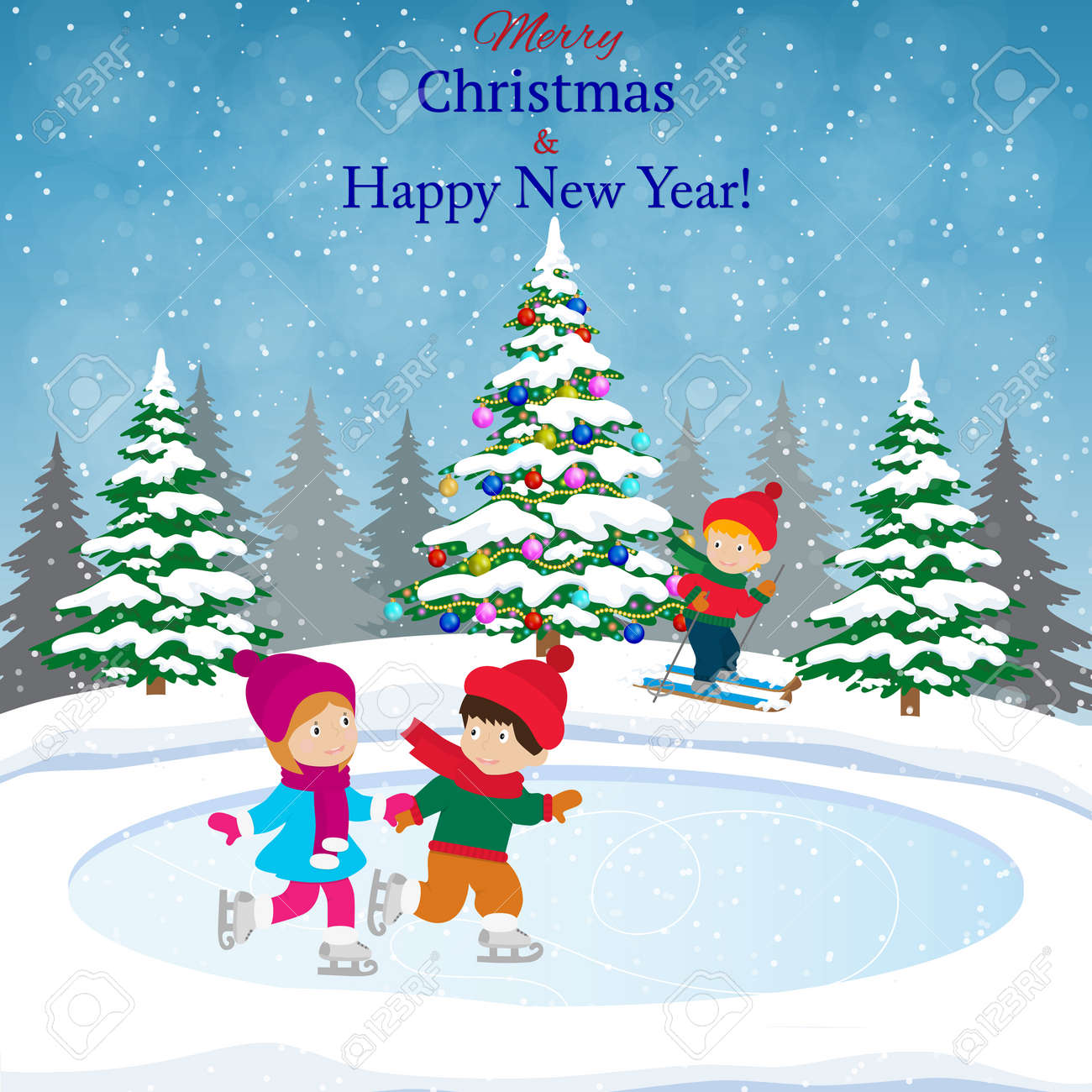 新年あけましておめでとうございます メリー クリスマス クリスマス ツリーのカード デザインを景色します スケートの子供の冬景色 子供男の子と女の子冬のアイス スケート場に ベクトル図のイラスト素材 ベクタ Image