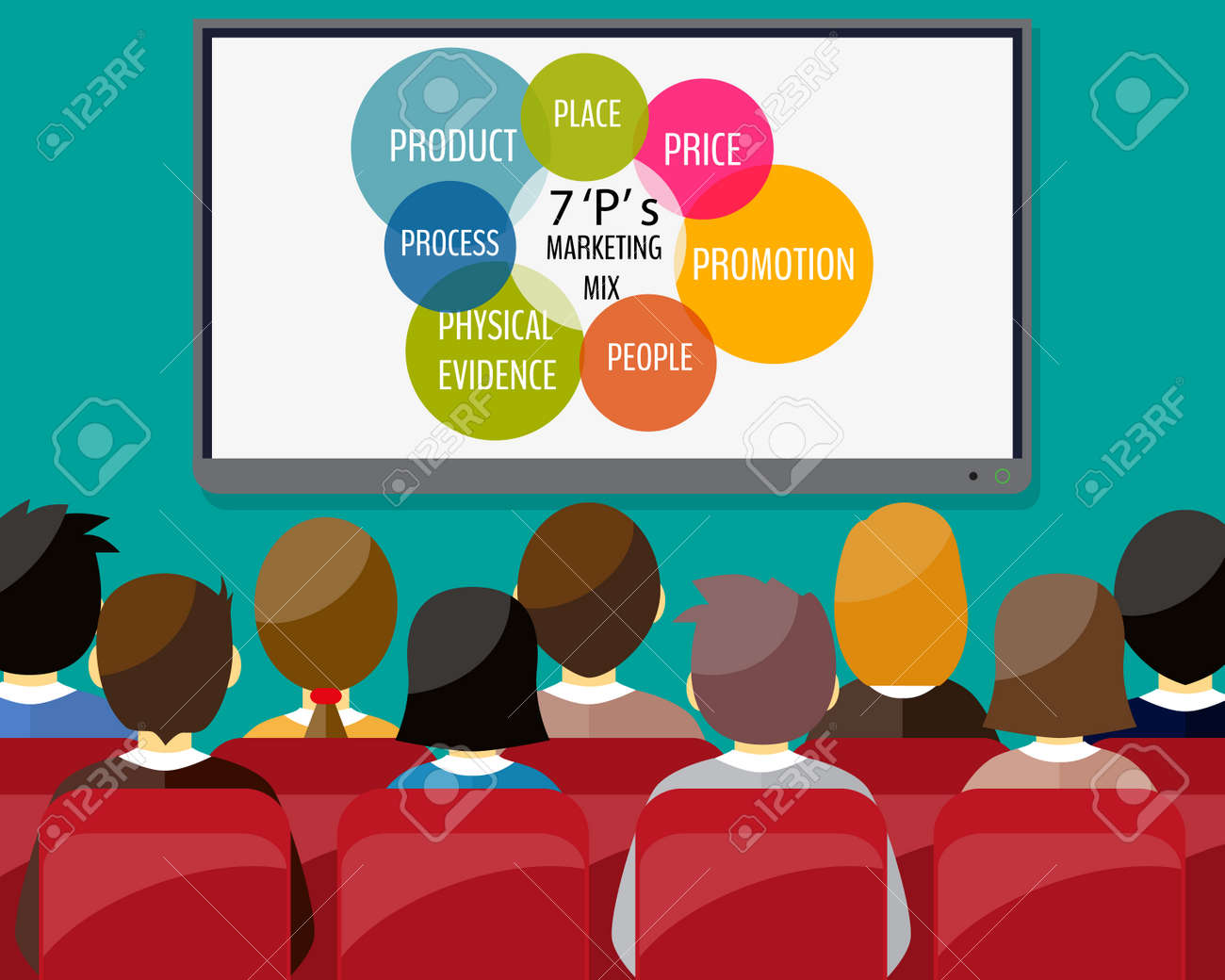 椅子と再生ボタンと大きな黒い画面の上に座ってのビジネスマン 映画館 ビジネス ビデオ プレゼンテーション 企業トレーニングの概念 のイラスト素材 ベクタ Image