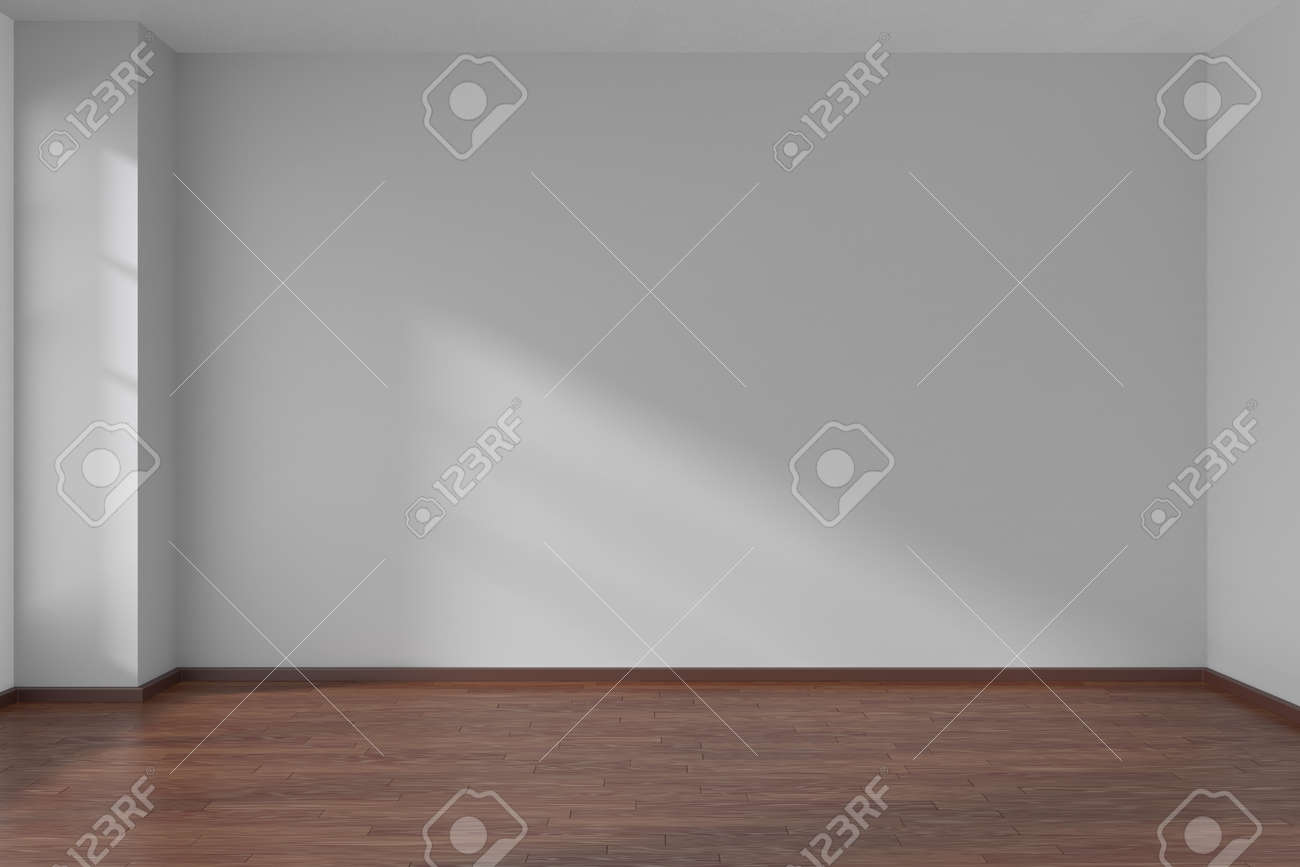 Empty room with white flat smooth walls and dark wooden parquet floor under sun light through window, 3D illustration - 42347617 Empty room with white flat smooth walls and dark wooden parquet floor under sun light through window, 3D illustration - 42347617