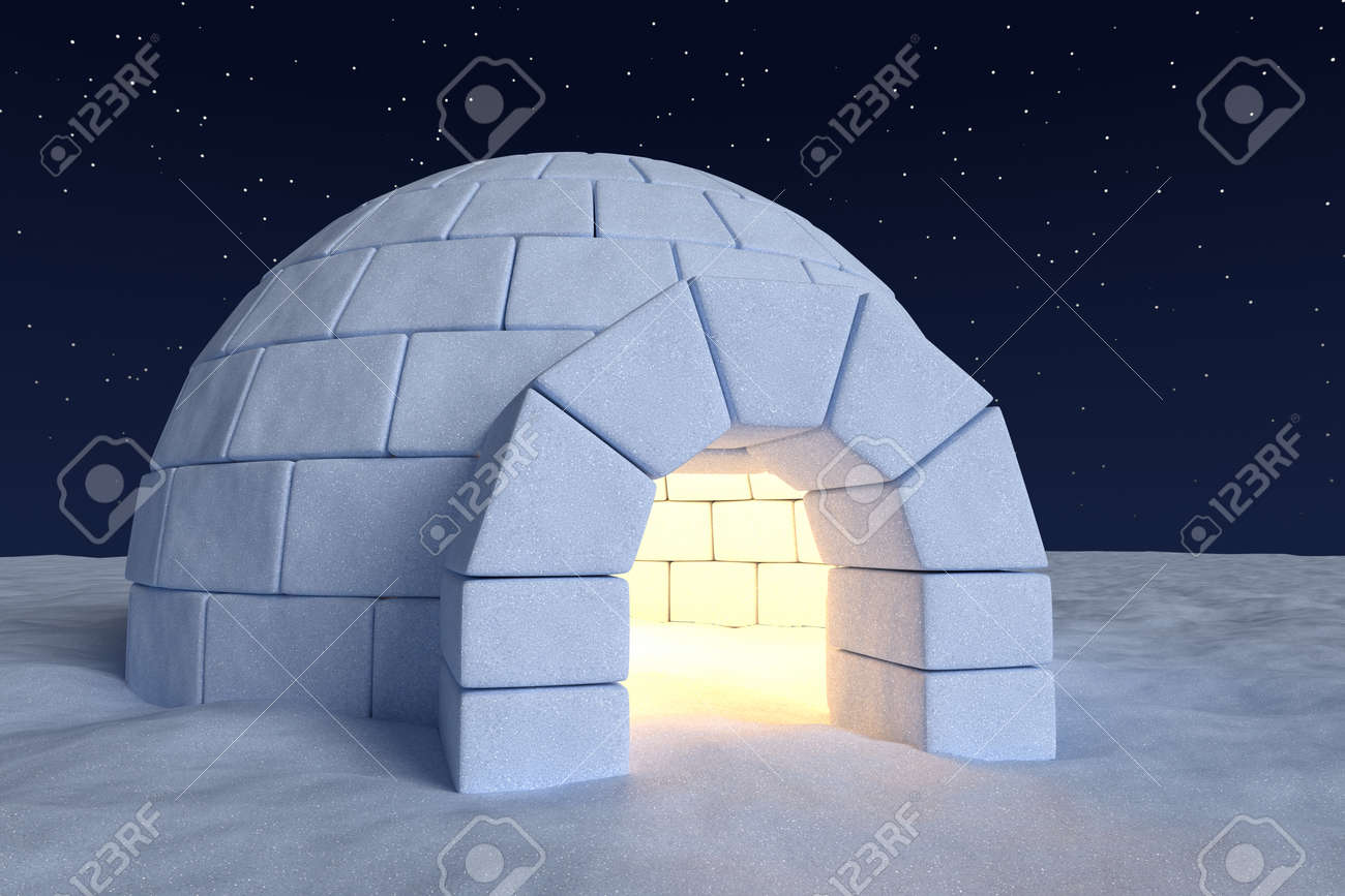 Winter North Polar Snowy Landscape: Closeup View Of Eskimo House Igloo  Icehouse With Warm Light Inside Made With Snow At Night On The Surface Of  Snow Field Under Cold Night North Sky, image size:1300x867