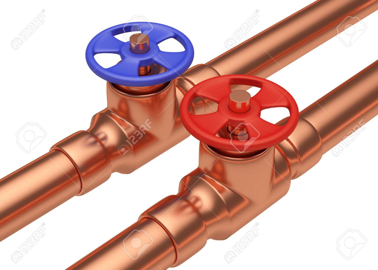 冷たい水とお湯の配管パイプライン配管給水システム産業構築 赤弁と白い背景 産業用 3 D イラスト 斜めビューの分離された 2 つの銅パイプに青弁 の写真素材 画像素材 Image