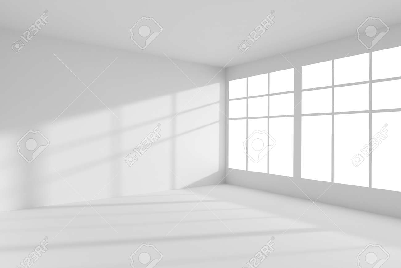 Abstract architecture white room interior: empty white room corner with white walls, white floor, white ceiling and window with sunlight from window, without any textures, 3d illustration - 52888190 Abstract architecture white room interior: empty white room corner with white walls, white floor, white ceiling and window with sunlight from window, without any textures, 3d illustration - 52888190